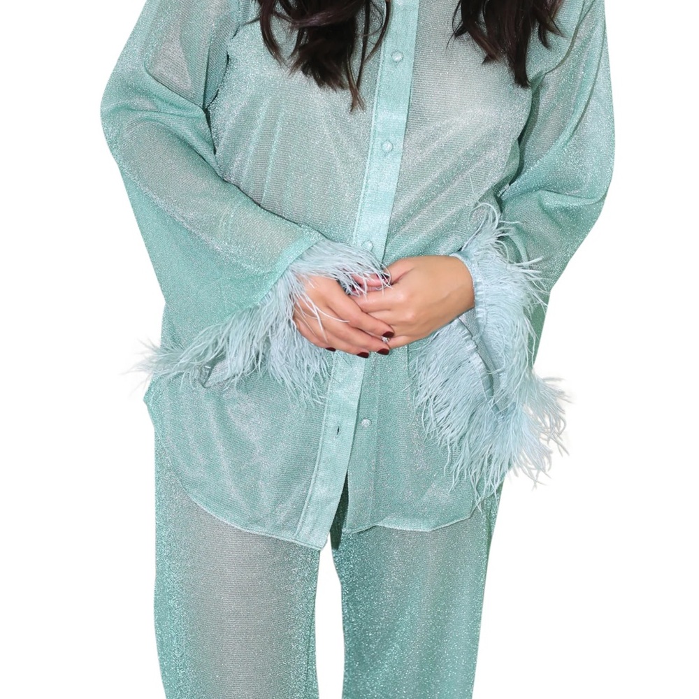 Elegant Mint Green Feather Trim Set
